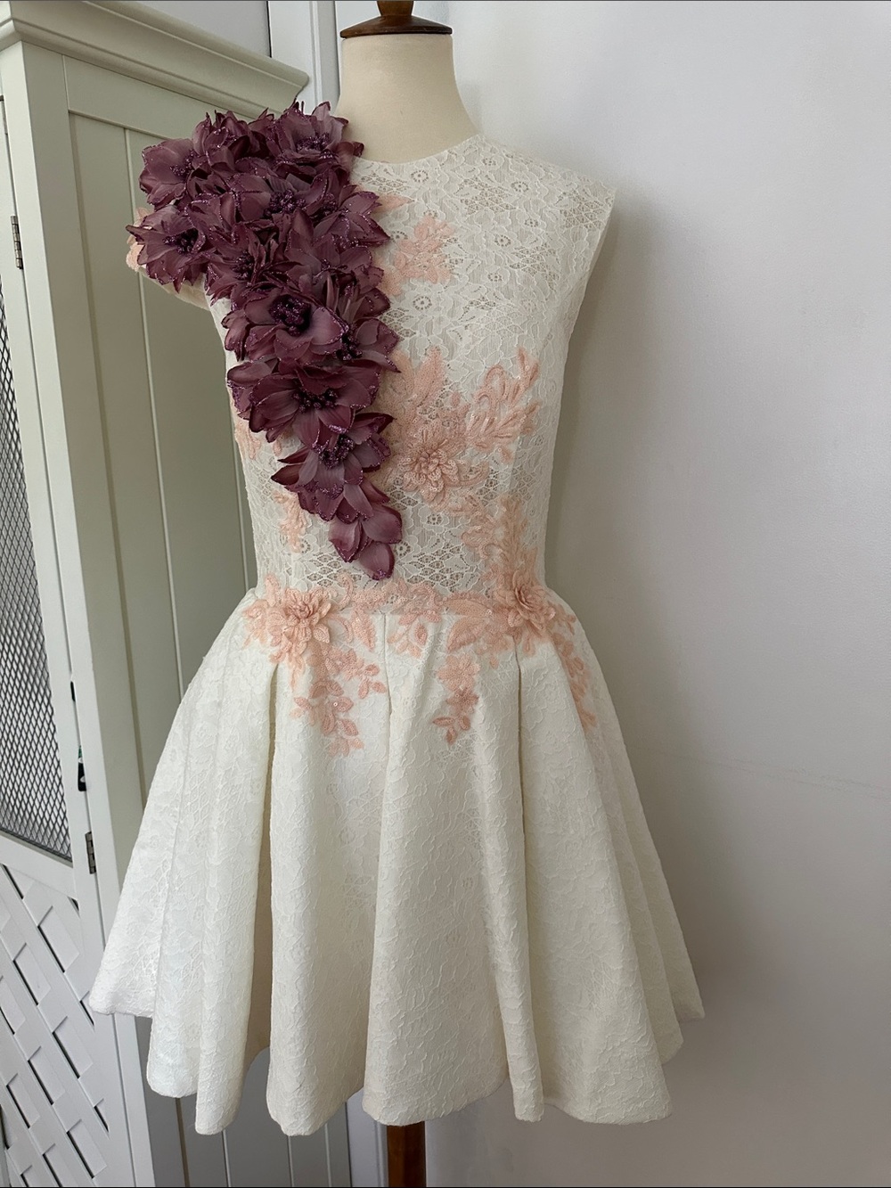 Bridal shower White Lace Dress with Pink Floral Appliqué and Purple Accent - Picture 4 of 4